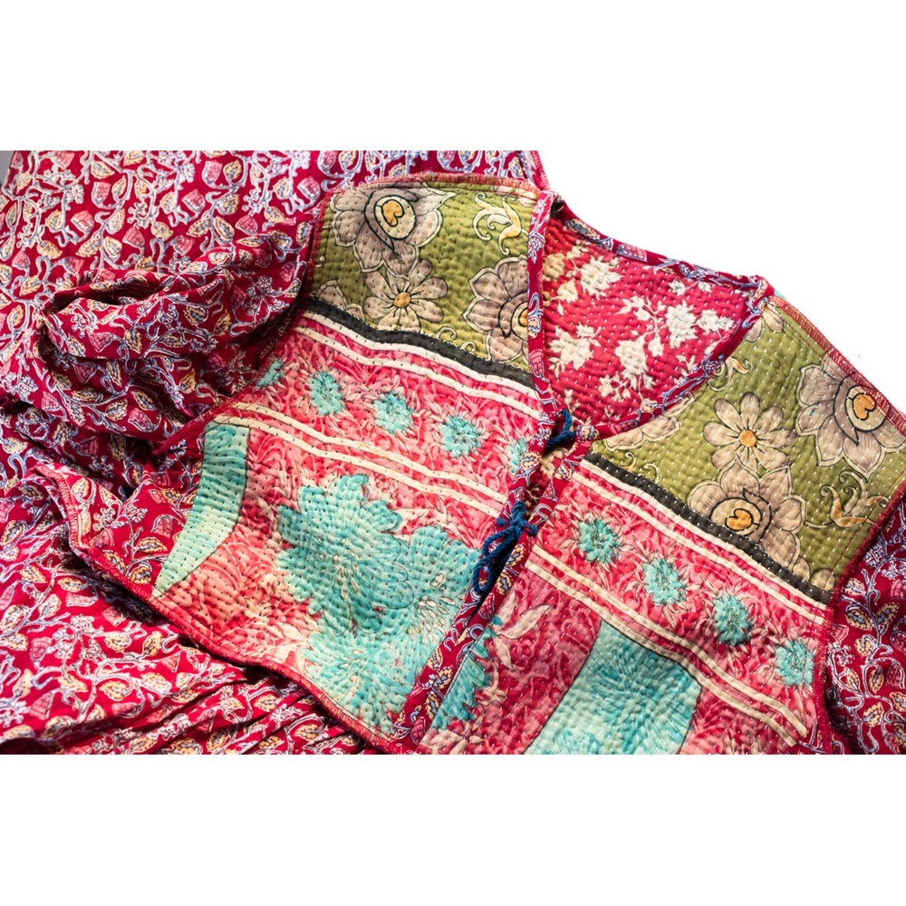Indian Boho Block Print Hand Stitched Red Kantha Bodice Maxi Dress Sz Small - Picture 4 of 11
